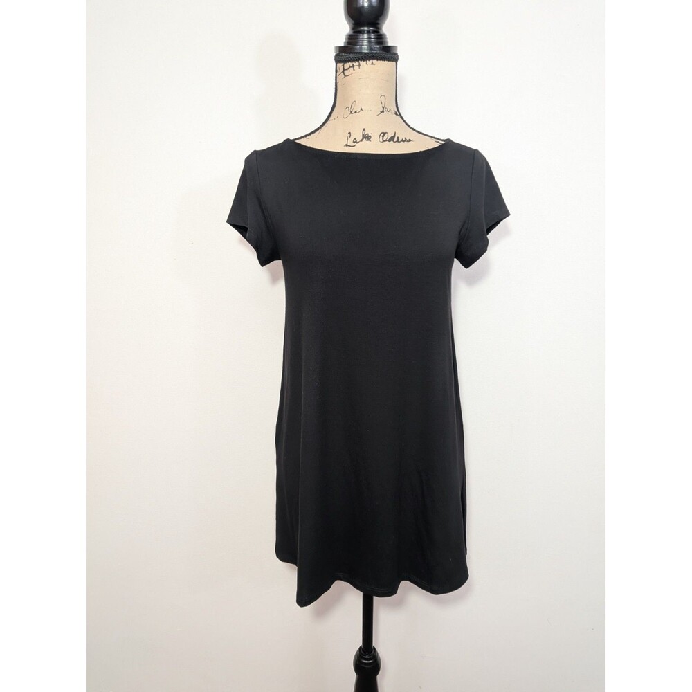 EILEEN FISHER Black Tunic Top Short Sleeve Viscose Stretch Boatneck size XS